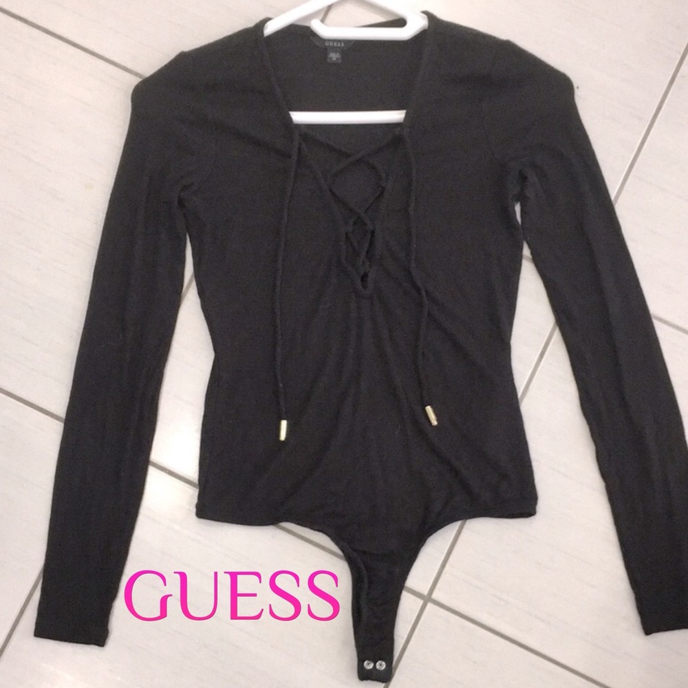 Guess Black Ribbed Bodysuit V Neck Long Sleeve Thong Snap Closure XS